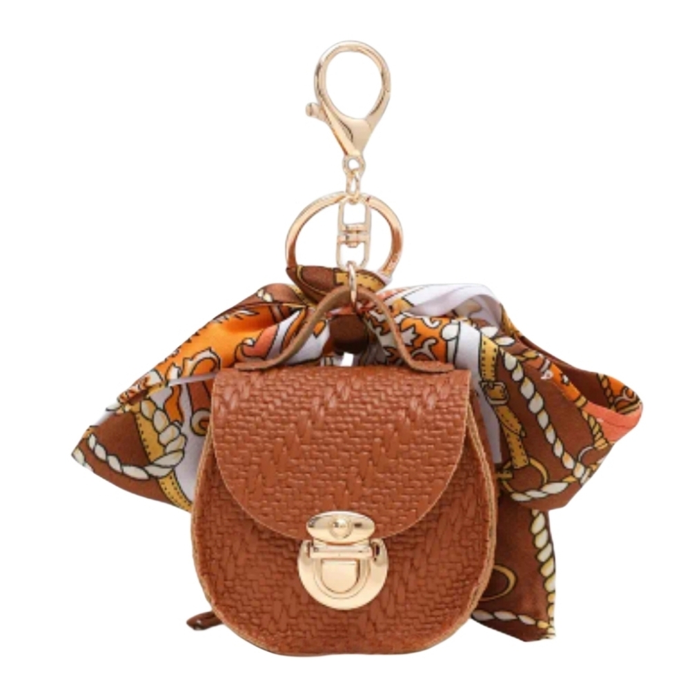 Purse Charm Brown Woven Saddle Bag Coin Keychain / Lipgloss / Earpod Case A4